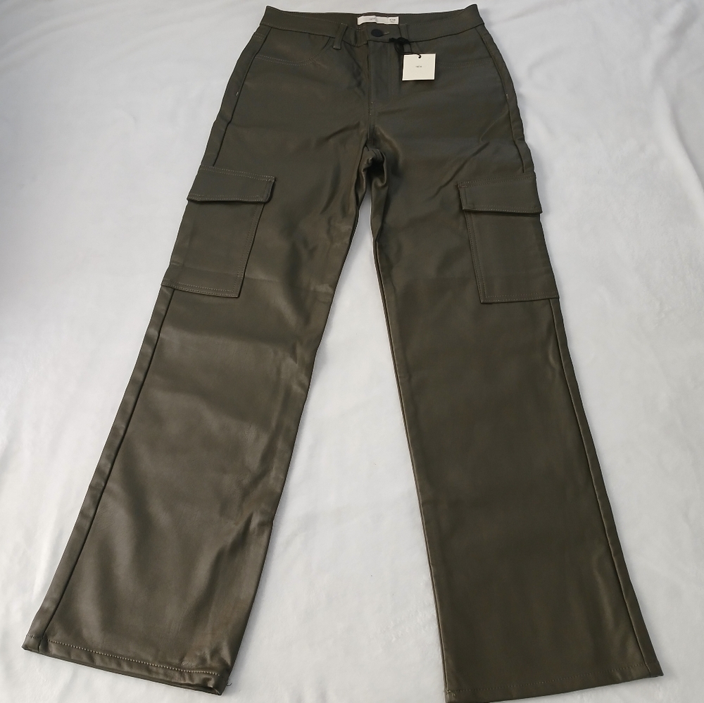 tgla Faux Leather Cargo Pants, Olive Green Women's Size 7/28  Vegal Leather